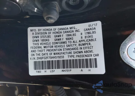 2017 Honda Civic Ex z USA, uszkodzony, nr VIN 2HGFC2F75HH519233